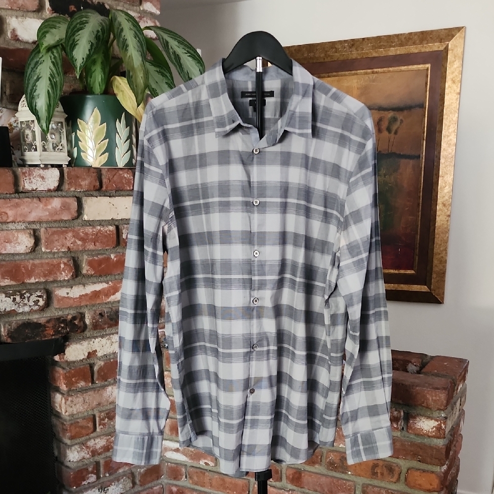 John Varvatos Luxe Gray Plaid Button Down Shirt Men’s Designer Casual